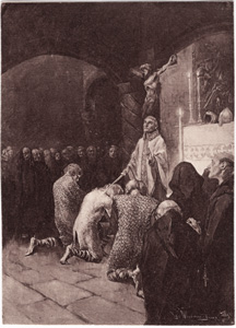 [3 men kneeling before religious person]